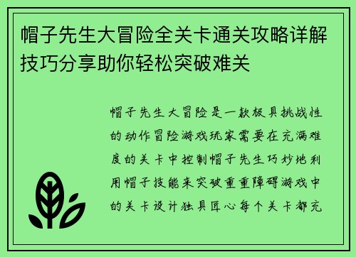 帽子先生大冒险全关卡通关攻略详解技巧分享助你轻松突破难关